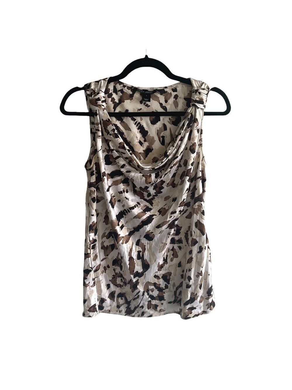 ST JOHN Sleeveless Silk Draped Printed Blouse Tank Top White Tan Black XS/S